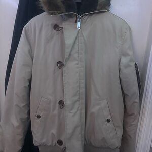 Women's Beige Bomber Jacket with Fur Collar